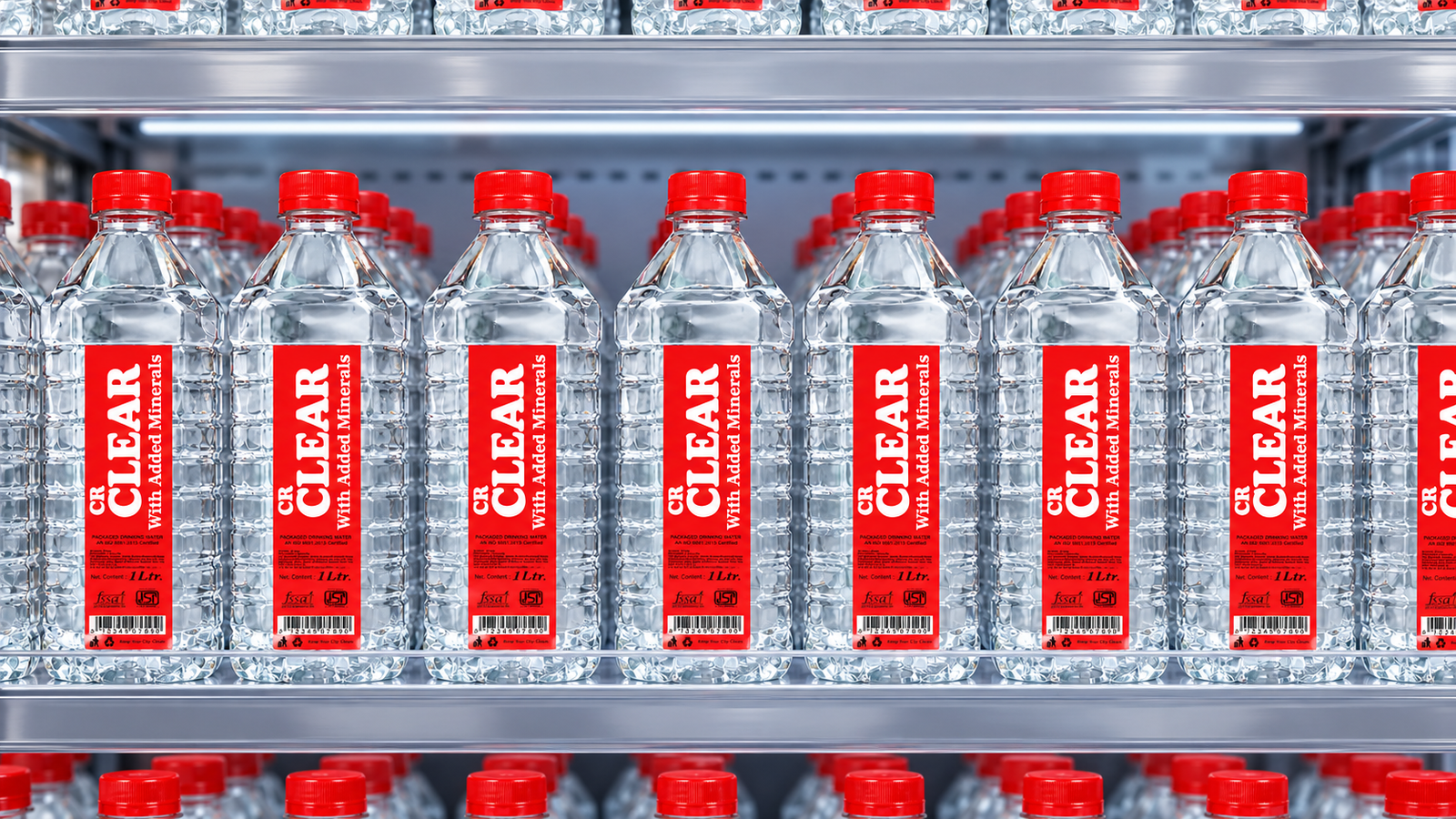 CR clear bottles displayed on modern supermarket refrigerated retail shelf
